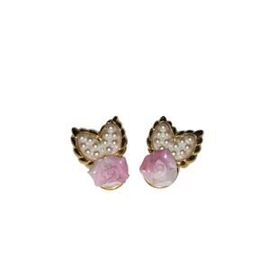 Cottagecore Pink Faux Pearl Earrings Gold Tone Studs Coquette Romantic Jewelry